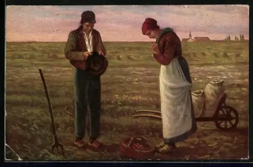 Künstler-AK Degi Nr. 1219, Bauernpaar hält Andacht zum Abendläuten