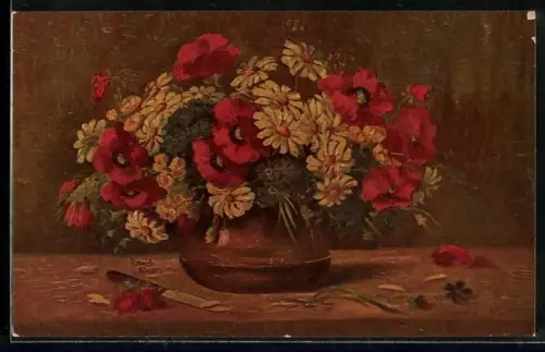 Ölgemälde-Imitations-AK Degi Nr. 1021: Bunter Blumenstrauss in einer Vase