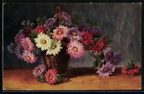 Ölgemälde-Imitations-AK Degi Nr. 1142: Bunte Blumen in einem Korb