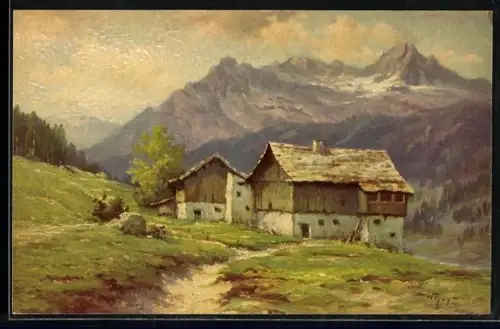 Künstler-AK Degi Nr. 1290: Alpenhütte vor Berggipfeln