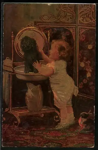 Ölgemälde-Imitations-AK Degi Nr. 508: Kleinkind wäscht einen schwarzen Hund