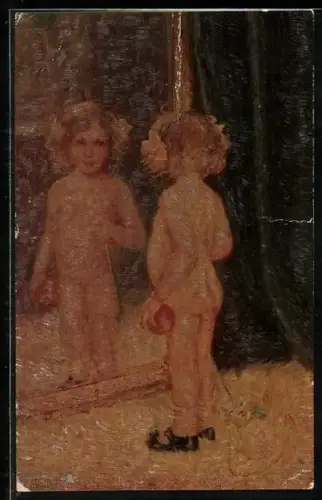 Künstler-AK A. Kjellberg-Juel: Die moderne Eva, Nacktes Kind mit Teddy vor Spiegel