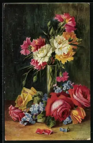 Ölgemälde-Imitations-AK Degi Nr. 1146: Vase mit Rosen, Vergissmeinnicht und weiteren Blumen