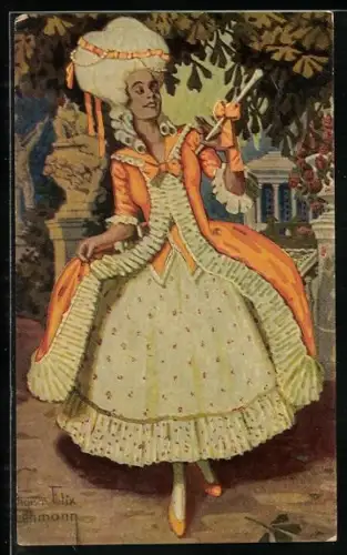 Ölgemälde-Imitations-AK Degi Nr. 1013: Dame in Rococo Kleidung in einem Garten