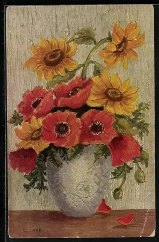 Künstler-AK Degi Nr. 1444: Sonnenblumen mit Mohn von E. Jahn