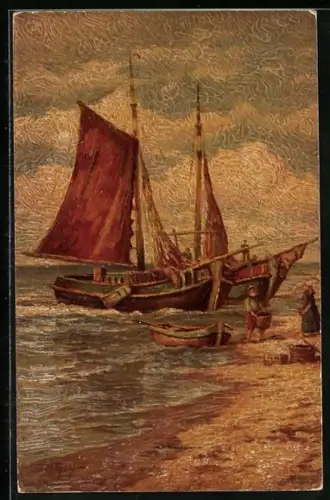 Künstler-AK Fischerboote am Strand