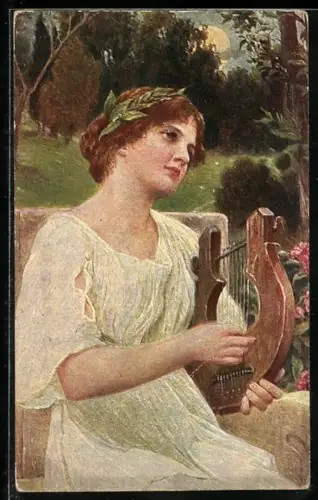 Ölgemälde-Imitations-AK Degi Nr. 919: Dame spielt Musik im Garten