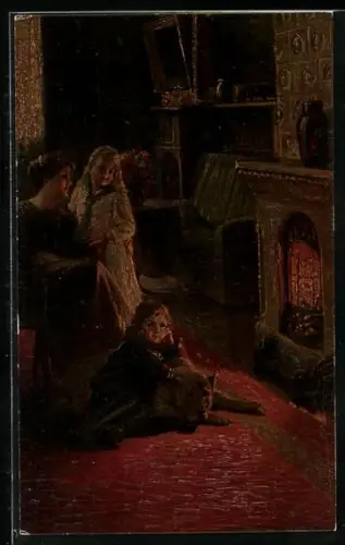 Ölgemälde-Imitations-AK Degi Nr. 535: Kinder mit ihrer Mutter und einem Hund vor dem Kamin