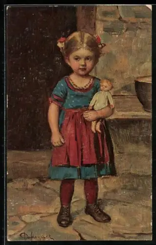 Künstler-AK Degi Nr.704: Die kleine Liesl - Mädchen mit ihrer Spielzeugpuppe im Arm
