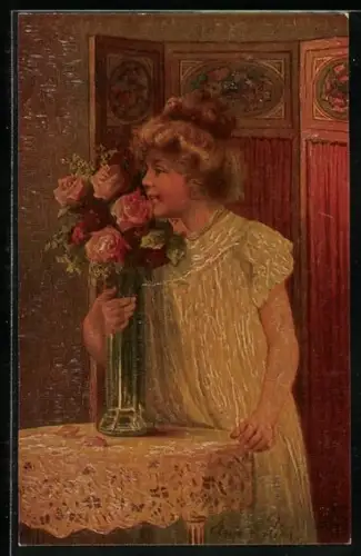 Ölgemälde-Imitations-AK Degi Nr. 575: Mädchen mit einer Vase voller Rosen