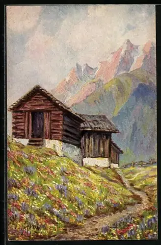 Künstler-AK Winand Elsmann-Verlag Nr. 1437, Almhütte in Gebirgslandschaft