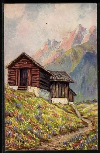 Künstler-AK Winand Elsmann-Verlag Nr. 1437, Almhütte in Gebirgslandschaft