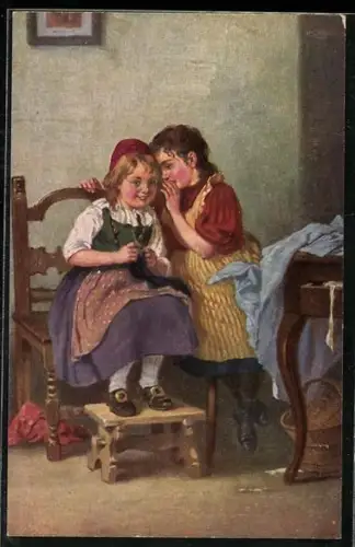 Künstler-AK Degi Nr 1162. zwei Mädchen teilen ein Geheimnis