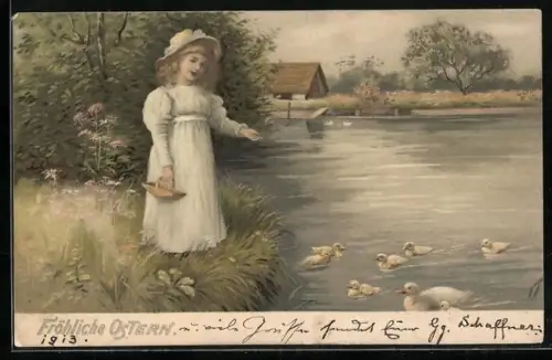 Künstler-AK Meissner & Buch (M&B) Serie 1317: Mädchen füttert die Enten