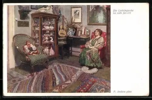 AK Puppen in Vitrine und auf Sessel