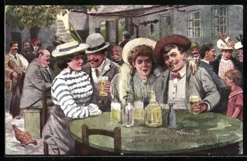 AK Wiener Wirtshausbesucher mit Bier im Garten
