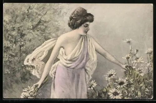 Künstler-AK Brüder Kohn (B.K.W.I) Nr. 684-6: Dame in fliessendem Gewand pflückt weisse Blumen