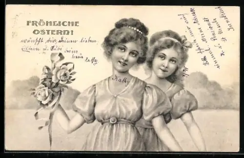 Künstler-AK Brüder Kohn (B.K.W.I) Nr. 434-5: Zwei Frauen in eleganten Kleidern mit Rosen