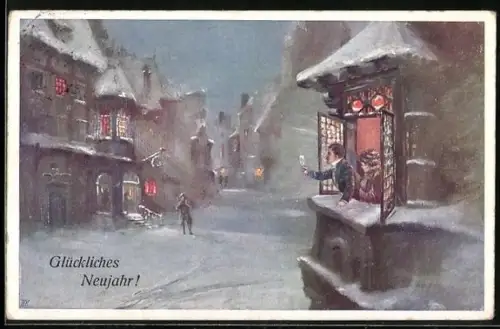 Künstler-AK Brüder Kohn (B.K.W.I) Nr. 2934-1: Paar zum neuen Jahr im Fenster