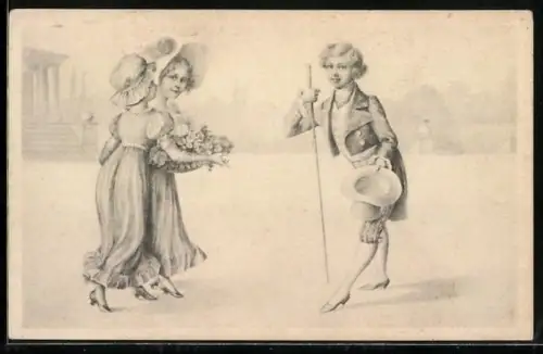 Künstler-AK Brüder Kohn (B.K.W.I) Nr.: 525-4, Ostern, Herr mit Hut, Damen mit Blumen