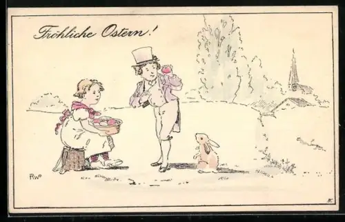 Künstler-AK Brüder Kohn (B.K.W.I) Nr. 4563-3: Pärchen mit Osterkorb und einem Hasen, Ostergruss