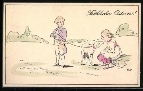 Künstler-AK Brüder Kohn (B.K.W.I) Nr. 4563-4: Zwei Kinder mit einem Osterlamm auf einer Wiese