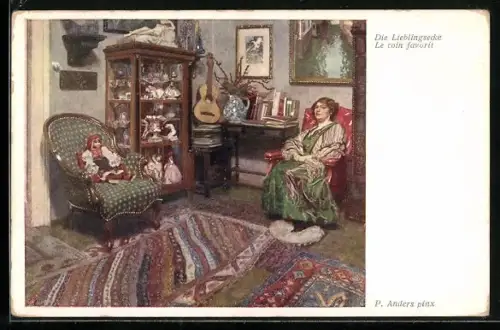 AK Puppen in Vitrine und auf Sessel