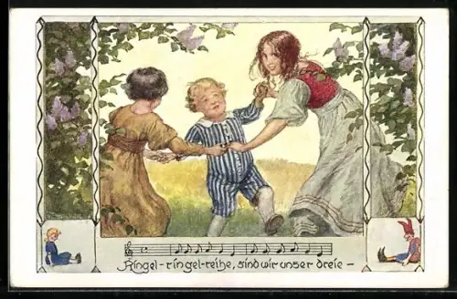 Künstler-AK Brüder Kohn (B.K.W.I) Nr. 350-4: Drei Kinder tanzen zusammen auf einer Wiese