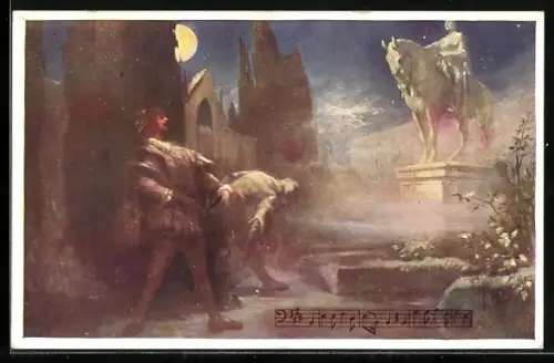 AK Mozart Don Juan, Herr Gouverneur zu Pferde, Männer vor einem Denkmal