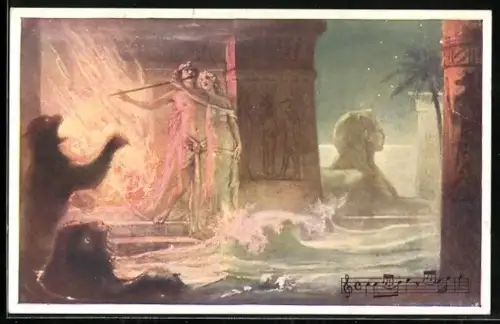 AK Mozart, Zauberflöte, Wir wandeln durch Feuersgluten, Mann spielt Flöte, Sphinx