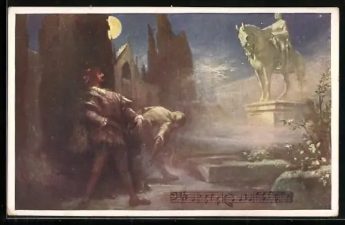 AK Mozart Don Juan, Herr Gouverneur zu Pferde, Männer vor einem Denkmal