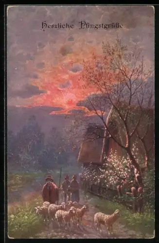 Künstler-AK Brüder Kohn (B.K.W.I) Nr. 745-4: Schäfer mit Schafen am Abend, Pfingstgruss