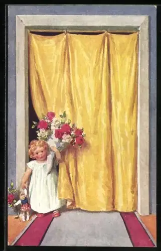 Künstler-AK Brüder Kohn (B.K.W.I) Nr. 204-2: Kleines Mädchen mit Puppe und Blumen