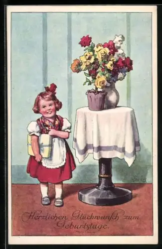 Künstler-AK Brüder Kohn (B.K.W.I) Nr. 491-3: Kleine Gratulantin mit Geschenk, Blumen, Geburtstagsgruss