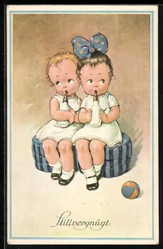 Künstler-AK Brüder Kohn (B.K.W.I) Nr. 548-3: Stillvergnügt, Kleines Paar mit Fläschchen