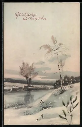 Künstler-AK Brüder Kohn (B.K.W.I) Nr. 2590-1: Flusspartie im Winter, Neujahrsgruss