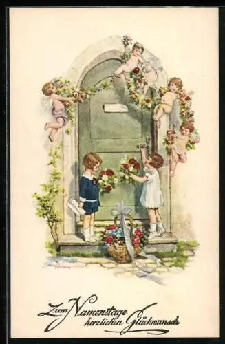 Künstler-AK Brüder Kohn (B.K.W.I) Nr. 121-2: Kleine Gratulanten vor der Tür, Namenstagsgruss