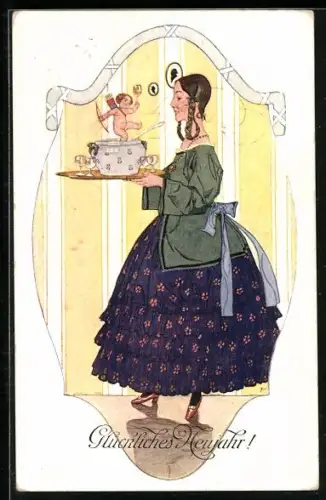 AK Frau hält ein Tablett auf dem ein Topf steht, in dem Amor tanzt