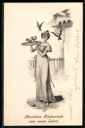 Künstler-AK Brüder Kohn (B.K.W.I) Nr. 731/2: Junge Dame füttert Tauben, Neujahrsgruss