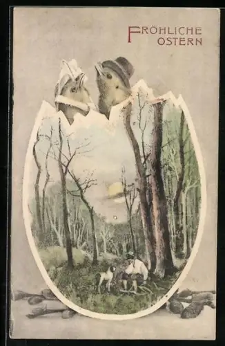 Künstler-AK Brüder Kohn (B.K.W.I) Nr. 4556-3: Mann und Hund im Frühlingswald, Osterei-Rahmen, Küken, Ostergruss