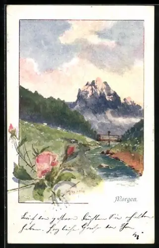 Künstler-AK Allegorie Morgen, Uferpartie am Morgen mit Gebirge