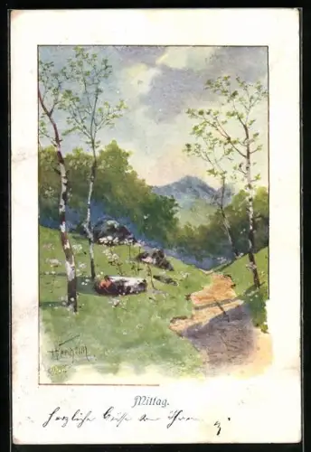 Künstler-Lithographie Mittag, Birken an Wegrand, Allegorie