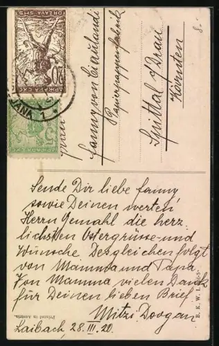 Künstler-AK Brüder Kohn (B.K.W.I) Nr. 526/5: Kavalier mit zwei Damen, Ostergruss