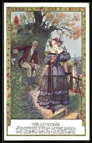 Künstler-AK Brüder Kohn (B.K.W.I) Nr.: 457-6, Liebesqual, Mann am Wegesrand schaut zur Frau im lilafarbigen Kleid