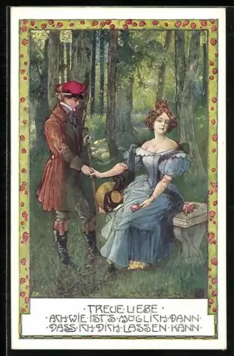 Künstler-AK T.Welzl: Mann mit roter Kappe hält die Hand einer Frau mit Rosen