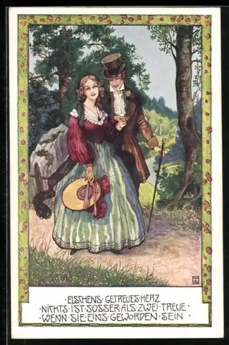 Künstler-AK Liebespaar beim Spaziergang, Biedermeier