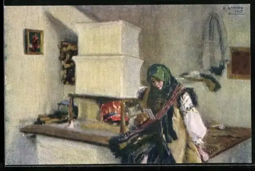 Künstler-AK Brüder Kohn (B.K.W.I) Nr. 2278: R. Konopa: Am Kamin, Mädchen in Winterkleidung wärmt sich auf