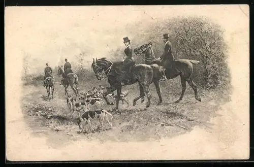 Künstler-AK Brüder Kohn (B.K.W.I) Nr. 771/3: Jagdszene, Paar auf Pferden, Hundemeute