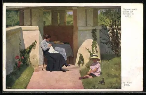 Künstler-AK Brüder Kohn (B.K.W.I) Nr. 1644: Mutter bei der Handarbeit, Tochter sitzt auf der Wiese, Sommerglück