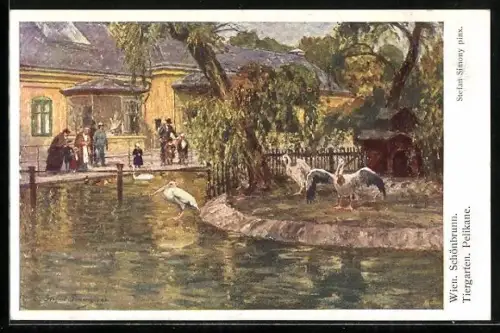 Künstler-AK Wien-Schönbrunn, Pelikane im Tiergarten